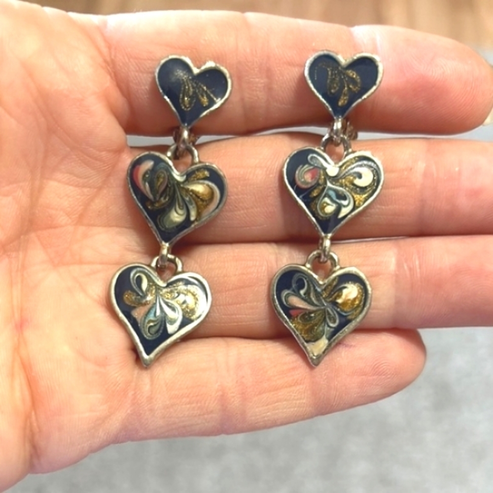 MULTI-COLORED MARBLED ENAMEL TRIPLE HEART GOLD-TONE CLIP-ON 2" EARRINGS